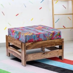Ikiriya Amber Printed Brown & Blue Wood Foot Stool Teak Finish-image-93