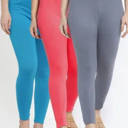 Gracit Grey & Peach Mid Rise Leggings - Pack Of 3-image-93