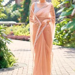 Satrani Peach Embellished Saree With Unstitched Blouse-picture-0