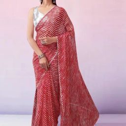 Satrani Red Striped Saree With Unstitched Blouse-image-111