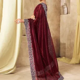 Satrani Maroon Net Embroidered Saree With Unstitched Blouse image 2
