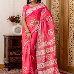 Satrani Pink Cotton Blend Printed Saree With Unstitched Blouse-picture-18
