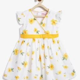 Campana Girls White and Yellow Cotton Floral Casual Dress-image-36