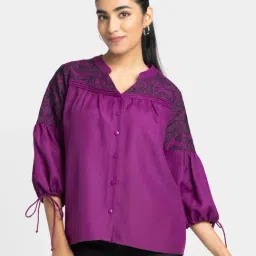 SHAYE Purple V-Neck Embroidered Three-Quarter Sleeves Casual Shirt For Women-image-15