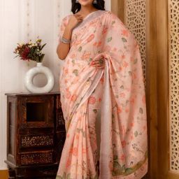 Satrani Pink Cotton Blend Floral Saree With Unstitched Blouse-image-61