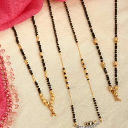 Zeneme Gold Plated Black White AD Studded Beaded Mangalsutra Set of 3-5