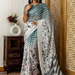 Satrani Off White Cotton Blend Printed Saree With Unstitched Blouse-image-9