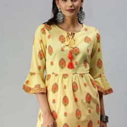 SHOWOFF Yellow Floral Printed Cotton Kurti-picture-40