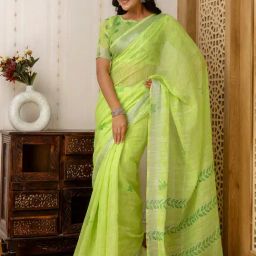 Satrani Green Cotton Blend Printed Saree With Unstitched Blouse-image-45