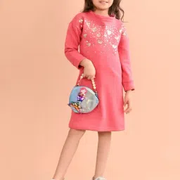 LilPicks Kids Coral Embellished Full Sleeves Dress-picture-2