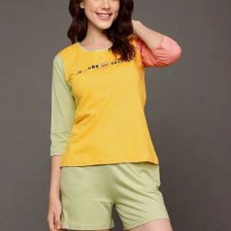 Clovia Yellow & Green Printed Top With Shorts-image-6