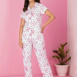 Clovia White Polka Dot Shirt With Pyjamas-image-54