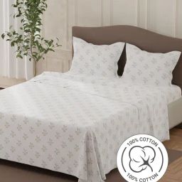 Layers Lumina Floret Blue & White Cotton Floral 140 TC Flat Double Bedsheet with 2 Pillow Covers-picture-0
