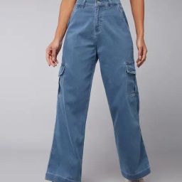 DOLCE CRUDO Blue High Rise Stretchable Cargo Jeans-image-28