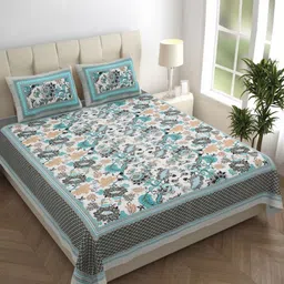 COLOR SPLASH Brown & Blue Printed Pure Cotton 180 TC Queen Bedsheet Set 2.7 m x 2.28 m-image-4