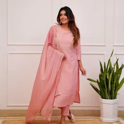 THE52 Floral Embroidered Regular Thread Work Straight Kurta with Trousers & With Dupatta-picture-57