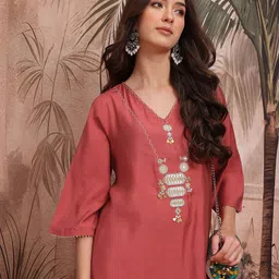 Sangria Ethnic Motifs Embroidered Thread Work A-Line Kurta with Palazzos-picture-32