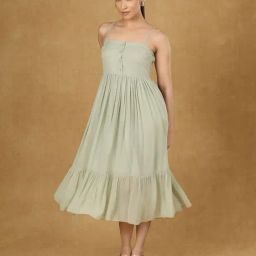 Powersutra Olive Solid Sleeveless Fit & Flare Dress-image-13