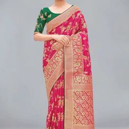Monjolika Fashion Magenta Banarasi Silk Blend Woven Zari Saree With Blouse Piece-image-14