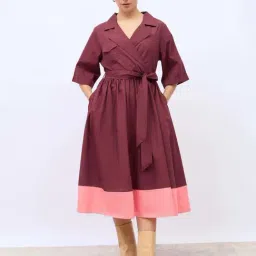 Styli Brown Cotton Plain Wrap A-Line Dress-picture-18