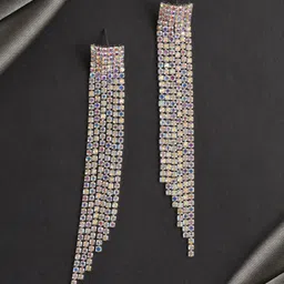 VAMA Silver-Plated Rhinestone Hanging Drop Sparkle Tassel Contemporary Drop Earrings-27