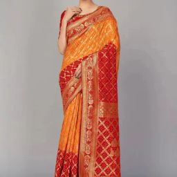 Monjolika Fashion Orange Elegant Banarasi Silk Saree with Unstitched Blouse Piece-image-6