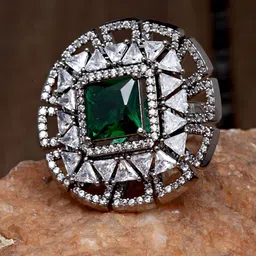 KARATCART Silver-Plated Green & White AD-Studded Adjustable Finger Ring-44