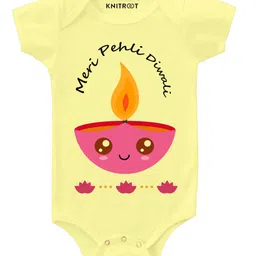 KNITROOT Half Sleeves Meri Pehli Diwali Printed Onesie - Yellow-picture-21