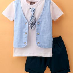 Little Kangaroos Half Sleeves T-Shirt & Shorts Set With Tie - Sky Blue-image-41