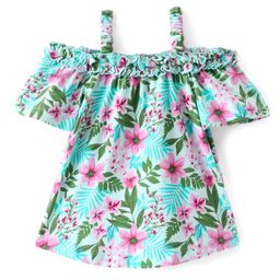 Babyhug 100% Cotton Knit Off Shoulder Half Sleeves Top with Floral Graphics & Frill Detailing - Green-image-91