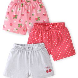 Babyhug Cotton Knit Polka Dots & Berries Printed Shorts Pack of 3 - Pink & Grey-image-78