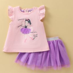 ToffyHouse 100% Knitted Cotton Frill Sleeves Top & Skirt Set Girl Print - Mauve-picture-32