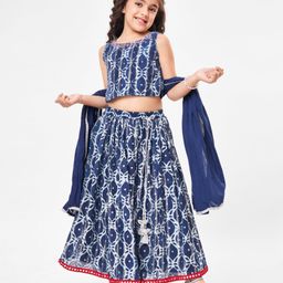 Babyhug Woven Sleeveless Lurex Printed Choli & Aari Mirror Embroidery Lehenga Set with Dupatta - Navy Blue-image-24