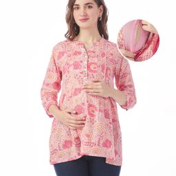 Bella Mama Cotton Woven Three Fourth Sleeves  Pintucks Maternity Top with With Floral Print - Pink-image-102