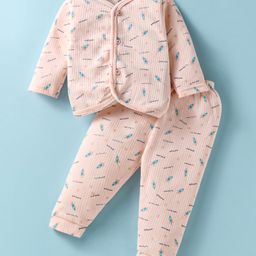 Bodycare Cotton Knit Anti-Bacterial Front Open Full Sleeve Thermal Vest & Pant Set with Rocket Print - Light Pink-image-97