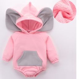 Kookie Kids Cotton Raglan Full Sleeves Hooded Romper with Kangaroo Pockets & Ears Applique - Pink-image-19