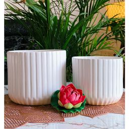 Niyara White line Design Stylish Large Ceramic Pots Combo Planters for Indoor Plants - Snow White Combo-24