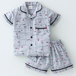 Mom's pet Cotton Woven Half Sleeves Abstract Printed Coordinating Shirt & Shorts Set  - Grey-image-75