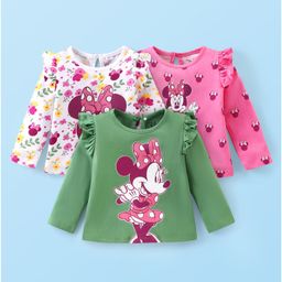 Babyhug Disney Single Jersey Frill Sleeves Top with Minnie Mouse Print Pack of 3 - Green Pink & White-image-19