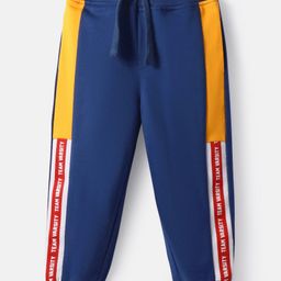 Babyhug Terry Knit Full Length Lounge Pants with Text Print Cut & Sew Design - Blue-image-60