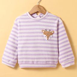 Little Kangaroos Fleece Knit Full Sleeves Striped Winter T-Shirt With Reindeer Patch -Lilac-picture-14