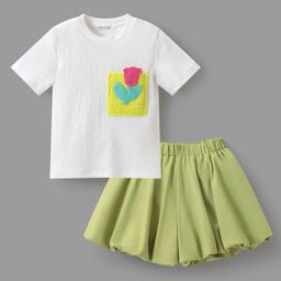 Mark & Mia Half Sleeves Top & Divider Set with Floral Embroidery - White & Light Green-image-86