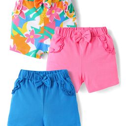 Babyhug Cotton Knit Mid Thigh Lenght Shorts with Floral Print & Bow Applique Pack of 3 - Blue White & Dark Pink-image-68