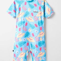 Rovars Cotton Lycra Half Raglan Sleeves Legged Swimsuit with Beach Theme Print - Blue-image-66