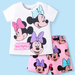 Babyhug Disney Single Jersey Knit Half Sleeves Shorts Night Suit with Minnie Mouse Graphics - Pink & White-image-11