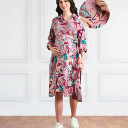 Bella Mama Viscose Woven Three Fourth Sleeves Shirt Maternity Dress With Floral Print - Pink-picture-15