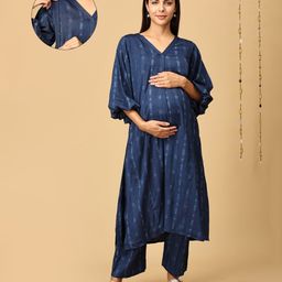 The Mom Store Cotton Three Fourth Sleeves Abstract Printed Maternity Kurta & Pant Set With Nursing Access - Navy Blue-picture-46