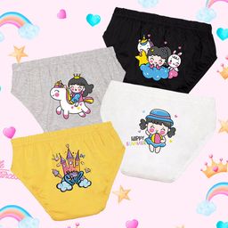NUSYL Cotton Pack Of 4 Cute Girl & Unicorn Printed Panties - Black Grey White & Yellow-14