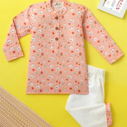 Desi Soota Cotton Full Sleeves Bunny Printed Coordinating Kurta Pyjama Set - Peach-image-92