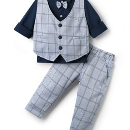 Mini Taurus Interlock Knit Full Sleeves 3 Piece Party Suit with Bow Detailing & Checks - Navy Blue-image-25